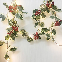 2M 20LEDs Red Berry Christmas Decorating String Lights Garland Handmade LED Ivy Leaf Copper Lights for Christsmas Gift Holiday Tree Home Decoration Lighting(without Battery)