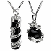 2pc dragon wrapped black agate round ball cylinder gemstone healing crystal pendant necklace set