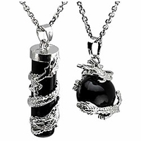 2pc dragon wrapped black agate round ball cylinder gemstone healing crystal pendant necklace set