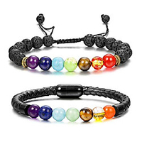 2pcs bead leather bracelet for men 7 chakra diffuser bracelet magnetic clasp lava rock