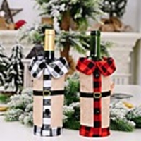 2pcs Christmas Decorations Linen Bells Lapel Wine Bottle Cover Black And White Lattice Wine Cover Red Wine Cover