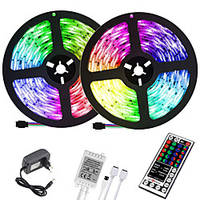 (2x5M)10M 32.8ft LED Light Strips RGB Tiktok Lights 2835 600leds 8mm Strips Lighting Flexible Color Changing with 44 Key IR Remote Ideal for Home Kitchen Christmas TV Back Lights DC 12V
