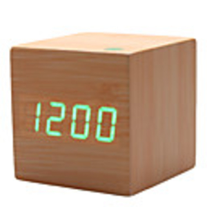 3" Khaki Wooden Design Green Light Desktop Cubic Alarm Clock Thermometer (USB/4xAAA)