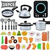 38 pcs kitchen cooking toy set,  kitchen pretend playsets,  including induction cooker with light sound,  cookware utensils,  food playset accessories for toddlers girls boy birthday gift black