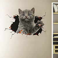 3D Broken Wall Cute Cat Cartoon Home Background Decoration Removes Sticker miniinthebox