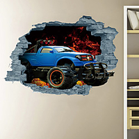 3D Broken Wall Flame Drift Off-Road Vehicle Home Hallway Background Decoration Can Be Removed Stickers miniinthebox