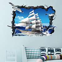 3D Broken Wall Gull Sailboat Home Hallway Background Decoration Can Be Removed Stickers miniinthebox