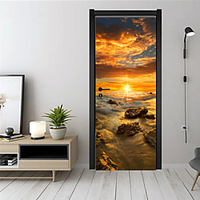 3D Door Stickers Sunset on The Beach Study Room / Living Room Pre-pasted PVC Home Decoration Wall Decal 2pcs 38.5200cm