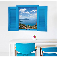 3D Wall Stickers Fake Window Ocean View Bedroom / Living Room Pre-pasted PVC Home Decoration Wall Decal 1pc 60x90cm