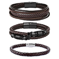 3pcs stainless steel braided leather bracelet for men women leather wrist band cuff bangle bracelet magnetic clasp 7.5 inches