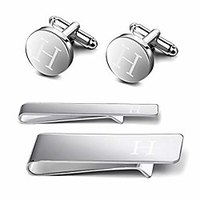 4 pcs tie clips cuff links tie bar money clip button shirt engraved initials copper alloy alphabet a-z gift set with box (h)