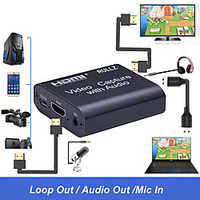 4K HDMI Video Capture Card 3.5mm Audio Output Mic Input Recorder Device Box Game Broadcast Live Streaming Capture Card Support USB2.0 USB 3.0 Plug and Play No Driver Needed miniinthebox
