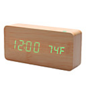 6" Khaki Wooden Design Green Light Desktop Alarm Clock Thermometer (USB/4xAAA)