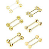 6 pairs nipple tongue ring stainless steel barbell rings cubic zirconia nipplerings body piercing jewelry,  14 gauge (gold color)
