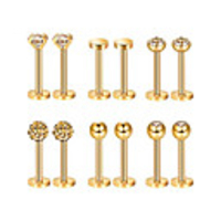6 pairs stainless steel nose studs tragus bars labret bars crystal ball body piercing jewelry,  6 designs,  16 gauge (gold)