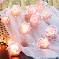 6M 40LED Pink Rose Flower LED Fairy Lights Holiday String Lights Battery Operated Valentine Wedding Party Christmas Decoration Lamp Without Battery