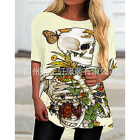 (71-75) 2021 aliexpress summer cross-border skull print half sleeve round neck irregular ladies t-shirt base miniinthebox