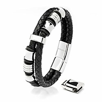 8″ silver leather bracelets for men - mens bracelets cowhide gift-box braided bracelet stainless steel jewelry wrist-band cuff wrap rope bangle dad boy pulseras para hombres cuero regalo