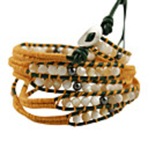 85cm delicate steel button high-grade natural stone bracelet with leather cord and 100% cotton(Yellow)