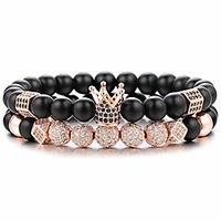 8mm crown king charm beads bracelet for men women natural black matte onyx stone beads,  7.5 gift for father