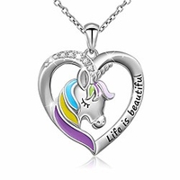 925 sterling silver engraved life is beautiful rainbow unicorn in heart necklace,  rolo chain 18