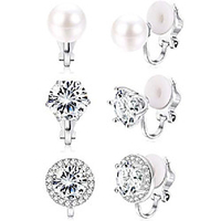 925 sterling sliver cubic zirconia peal clip on stud earrings for women round non pierced earrings,  white gold plated