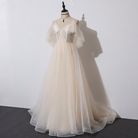 A-Line Beautiful Back Elegant Engagement Formal Evening Dress Spaghetti Strap Half Sleeve Court Train Tulle with Pleats Ruffles 2020 miniinthebox