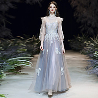 A-Line Beautiful Back Elegant Prom Formal Evening Dress Illusion Neck 3/4 Length Sleeve Sweep / Brush Train Tulle with Appliques 2020