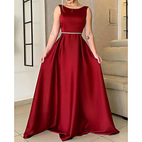 A-Line Beautiful Back Elegant Wedding Guest Formal Evening Dress Boat Neck Sleeveless Sweep / Brush Train Satin with Pleats 2020