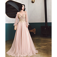 A-Line Beautiful Back Floral Engagement Formal Evening Dress Spaghetti Strap Long Sleeve Sweep / Brush Train Tulle with Pleats Appliques 2020 miniinthebox