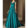 A-Line Beautiful Back Sexy Engagement Formal Evening Dress V Neck Sleeveless Court Train Satin with Pleats Lace Insert Appliques 2020