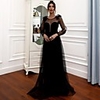 A-Line Beautiful Back Sexy Party Wear Wedding Guest Dress Jewel Neck Long Sleeve Floor Length Tulle with Tier Lace Insert 2020