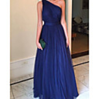 A-Line Beautiful Back Sexy Wedding Guest Formal Evening Dress One Shoulder Sleeveless Floor Length Tulle with Pleats 2020
