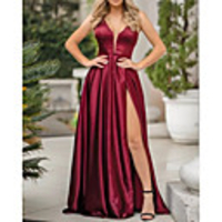 A-Line Beautiful Back Sexy Wedding Guest Formal Evening Dress V Neck Sleeveless Floor Length Satin with Pleats Split 2020