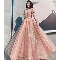 A-Line Beautiful Back Sparkle Engagement Formal Evening Dress Illusion Neck Short Sleeve Floor Length Tulle with Pleats Pearls Pattern / Print 2020