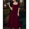 A-Line Beautiful Back Vintage Wedding Guest Prom Dress Scoop Neck Short Sleeve Ankle Length Velvet with Bow(s) 2020