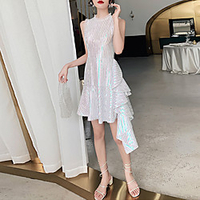 A-Line Celebrity Style Sparkle Party Wear Cocktail Party Dress Jewel Neck Sleeveless Asymmetrical Sequined with Sequin Ruffles 2021 miniinthebox