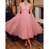 A-Line Celebrity Style Vintage Engagement Prom Dress Spaghetti Strap Sleeveless Tea Length Tulle with Pleats 2020