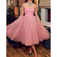 A-Line Celebrity Style Vintage Engagement Prom Dress Spaghetti Strap Sleeveless Tea Length Tulle with Pleats 2020