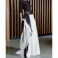 A-Line Color Block Beautiful Back Engagement Formal Evening Dress Jewel Neck 3/4 Length Sleeve Sweep / Brush Train Chiffon with Crystals Ruffles 2020