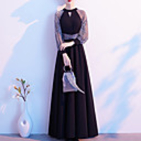 A-Line Color Block Elegant Wedding Guest Formal Evening Dress Halter Neck Long Sleeve Floor Length Spandex with Sash / Ribbon 2020