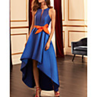 A-Line Color Block Elegant Wedding Guest Formal Evening Dress Halter Neck Sleeveless Asymmetrical Satin with Bow(s) 2020