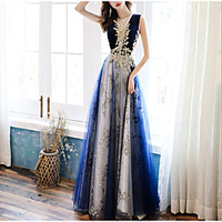 A-Line Color Block Elegant Wedding Guest Formal Evening Dress Illusion Neck Sleeveless Floor Length Tulle with Appliques 2021 miniinthebox