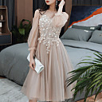 A-Line Color Block Floral Homecoming Cocktail Party Dress Illusion Neck Long Sleeve Knee Length Tulle with Tassel Appliques 2020