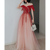 A-Line Color Block Glittering Prom Formal Evening Dress Off Shoulder Sleeveless Sweep / Brush Train Tulle with Pleats Sequin 2020