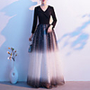 A-Line Color Block Glittering Wedding Guest Formal Evening Dress V Neck Long Sleeve Floor Length Spandex Tulle with Sequin 2020