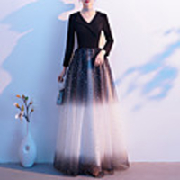 A-Line Color Block Glittering Wedding Guest Formal Evening Dress V Neck Long Sleeve Floor Length Spandex Tulle with Sequin 2020