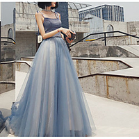 A-Line Color Block Minimalist Engagement Formal Evening Dress Spaghetti Strap Sleeveless Sweep / Brush Train Tulle with Pleats 2020