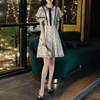 A-Line Color Block Minimalist Homecoming Cocktail Party Dress Jewel Neck Short Sleeve Knee Length Lace Tulle with Lace Insert 2020