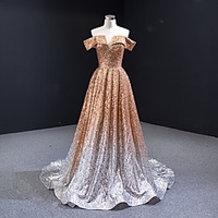 A-Line Color Block Sparkle Engagement Formal Evening Dress Off Shoulder Short Sleeve Sweep / Brush Train Sequined with Pleats Sequin 2020 miniinthebox